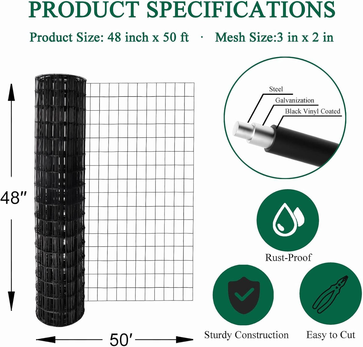 Black PVC Coated Welded Wire Fence 48 Inch x 50 Foot, 2 Inch x 3 Inch 16GA, Garden Border Fencing