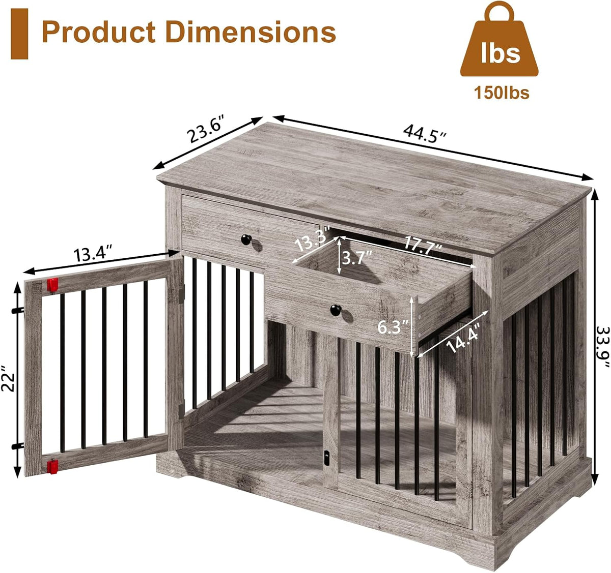 PUKAMI 44inch Dog Crate Furniture with Drawers,Wooden Dog Kennel Furniture for Large Breed,End