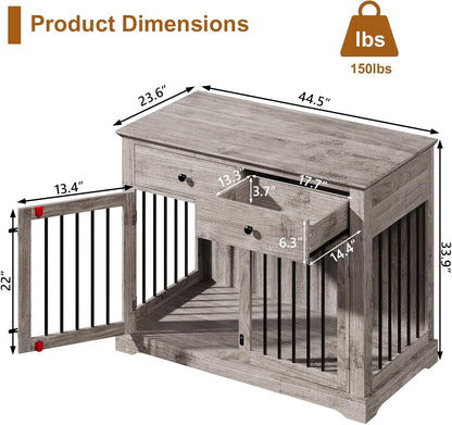 PUKAMI 44inch Dog Crate Furniture with Drawers,Wooden Dog Kennel Furniture for Large Breed,End