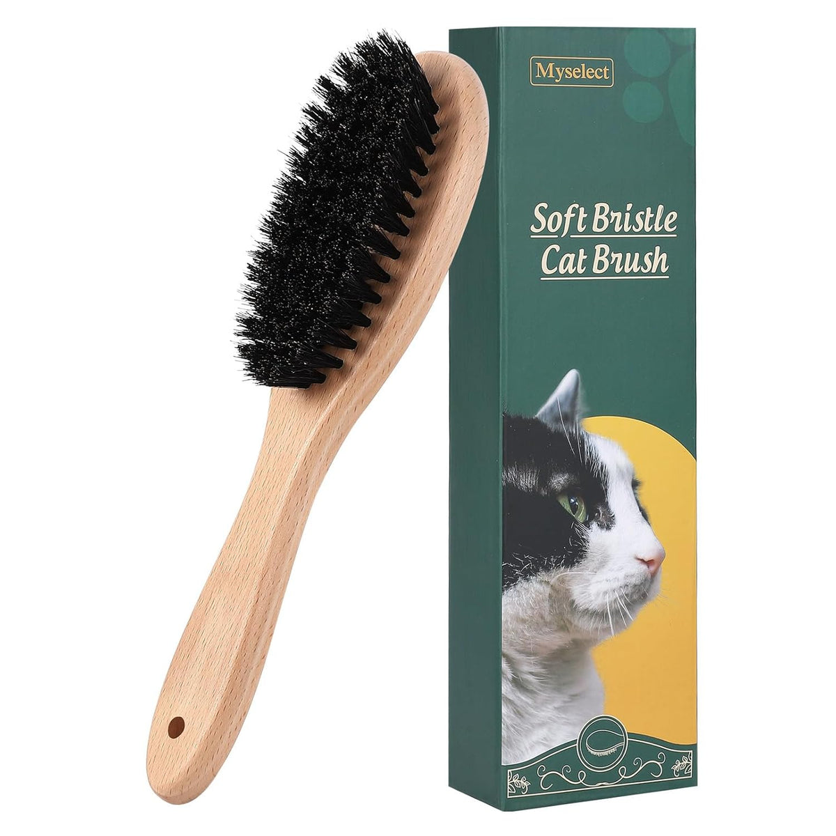Boar Bristle Cat Brush with Wooden Handle, Soft and Gentle, Reduce Shedding, Make Coat Soft, Smooth