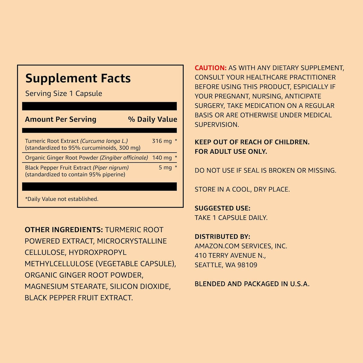 Amazon Elements Turmeric Complex, 316 mg Curcumin, 140 mg Ginger, 5 mg Black Pepper - Joint &