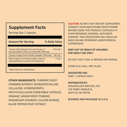 Amazon Elements Turmeric Complex, 316 mg Curcumin, 140 mg Ginger, 5 mg Black Pepper - Joint &