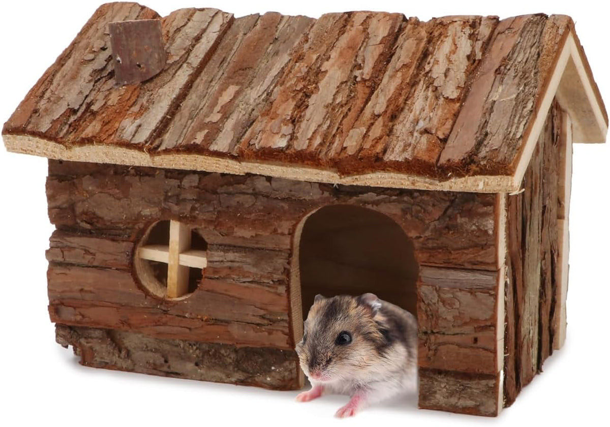Hypeety Natural Wooden Hamster House Cage Small Animals House with Chimney for Pet Rats Gerbil