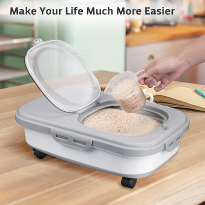 Rice Storage Containers, Collapsible 20 to 30Lbs Food Storage Bin Dispenser with Rolling Wheel and