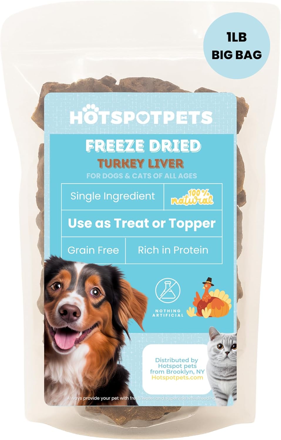 hotspot pets Freeze Dried Turkey Liver Treats for Cats & Dogs -Made in USA, 1lb Big Bag, Single
