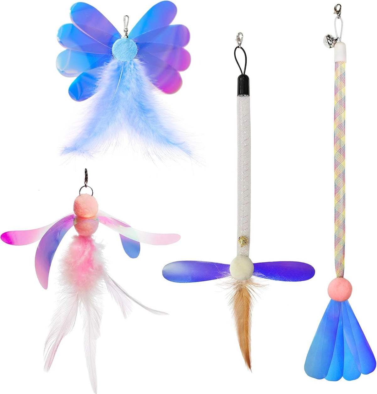 JXFUKAL Cat Feather Toy Refills, 4Pcs Simulation Butterfly Dragonfly Glitter Piece Feather Cat