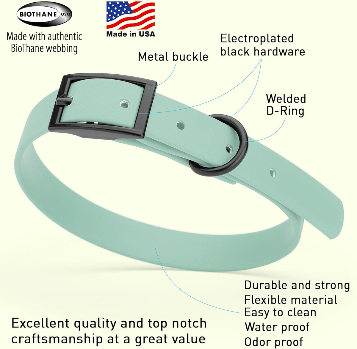 Dogline Biothane Waterproof Dog Collar Strong Coated Nylon Webbing with Black Hardware Odor- Proof