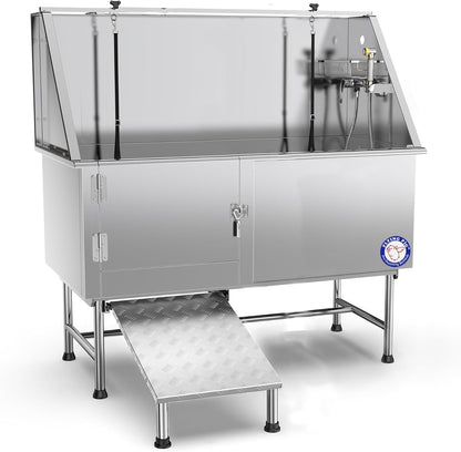 Flying Pig 62" Stainless Steel Pet Dog Grooming Bath Tub with Walk-in Ramp & Accessories (Left