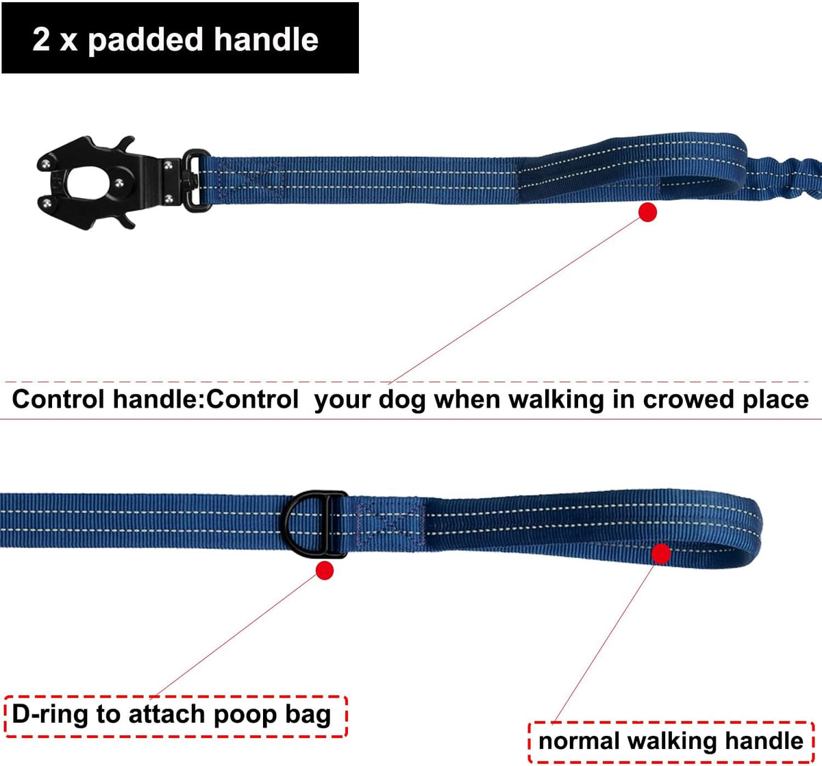 ICEFANG Tactical Dog Leash,K9 Training Walking Bungee Lead with 2 Control Handle,Heavy Duty Quick