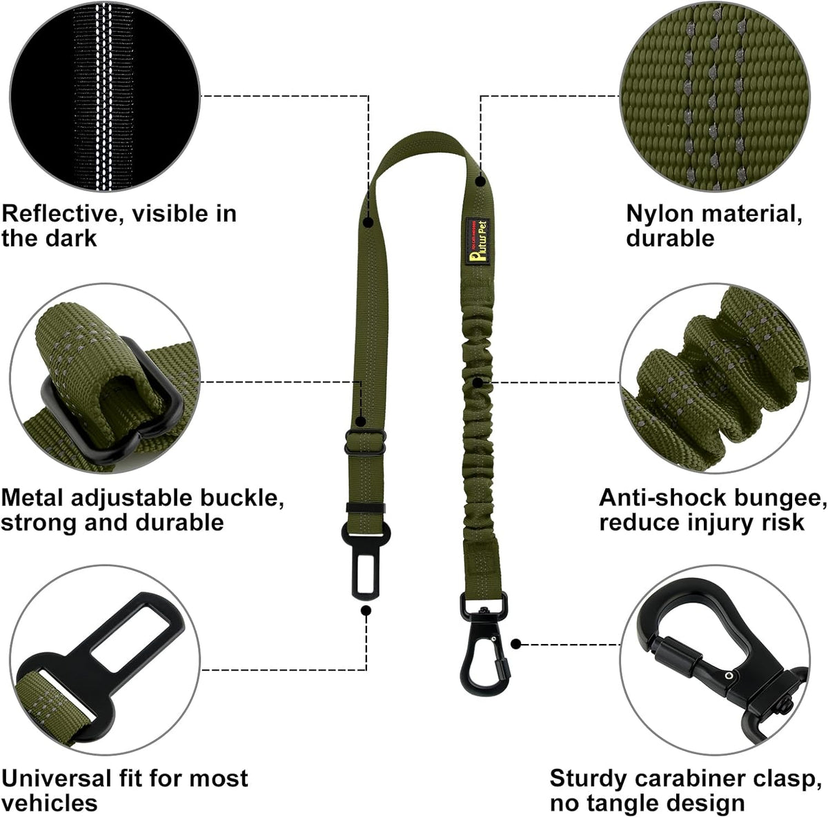 Plutus Pet Dog Seat Belt for Car, Adjustable Dog Car Harness with Carabiner Clip, Reflective Safety