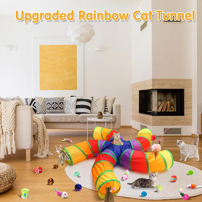 Poen 21 Pcs Cat Tunnel for Indoor Set Collapsible 5 Way Tubes with 20 Pcs Cat Kitten Toys