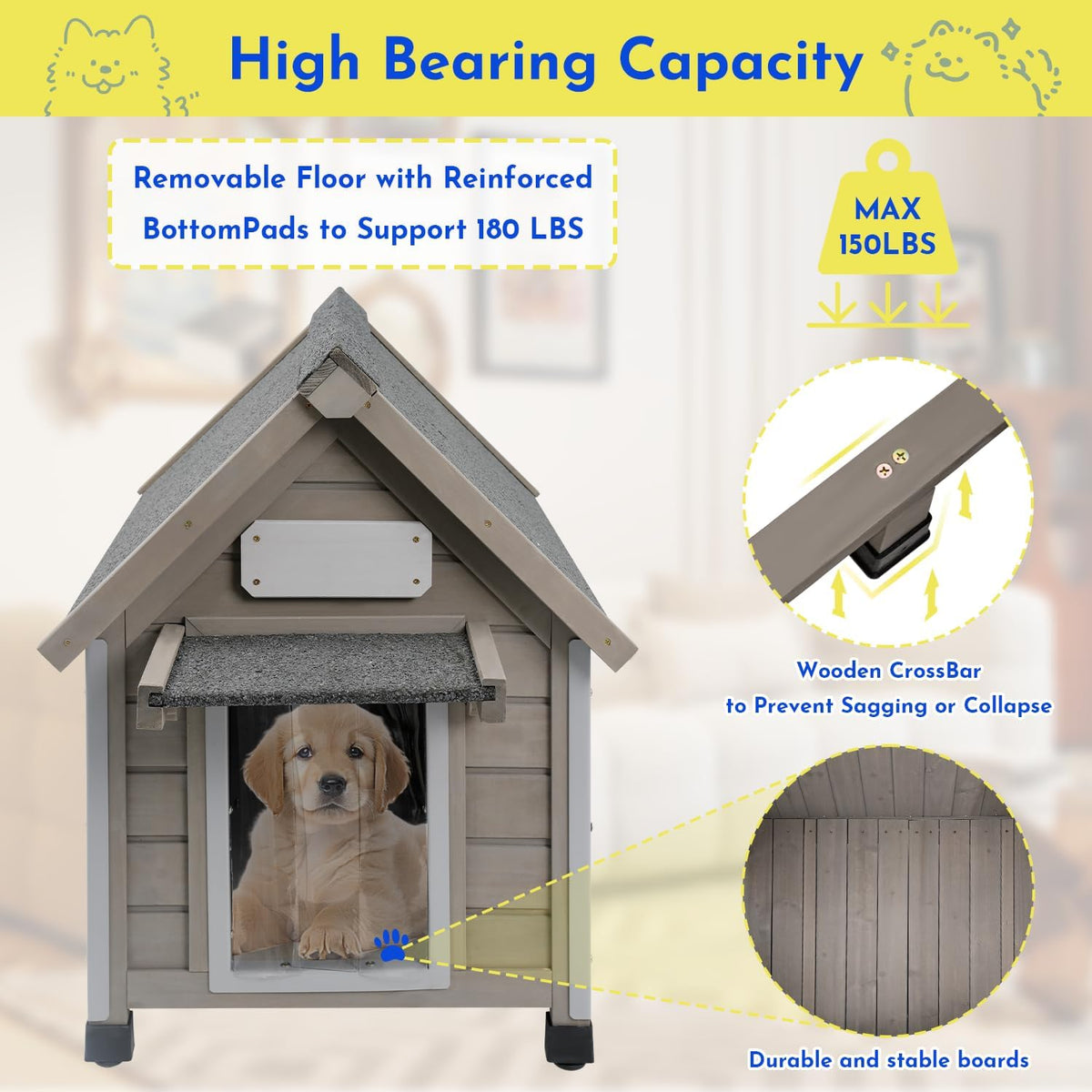 Outdoor Dog House Weatherproof Large Wooden Dog Kennel Indoor for Small Dogs with Chew-Proof Frame