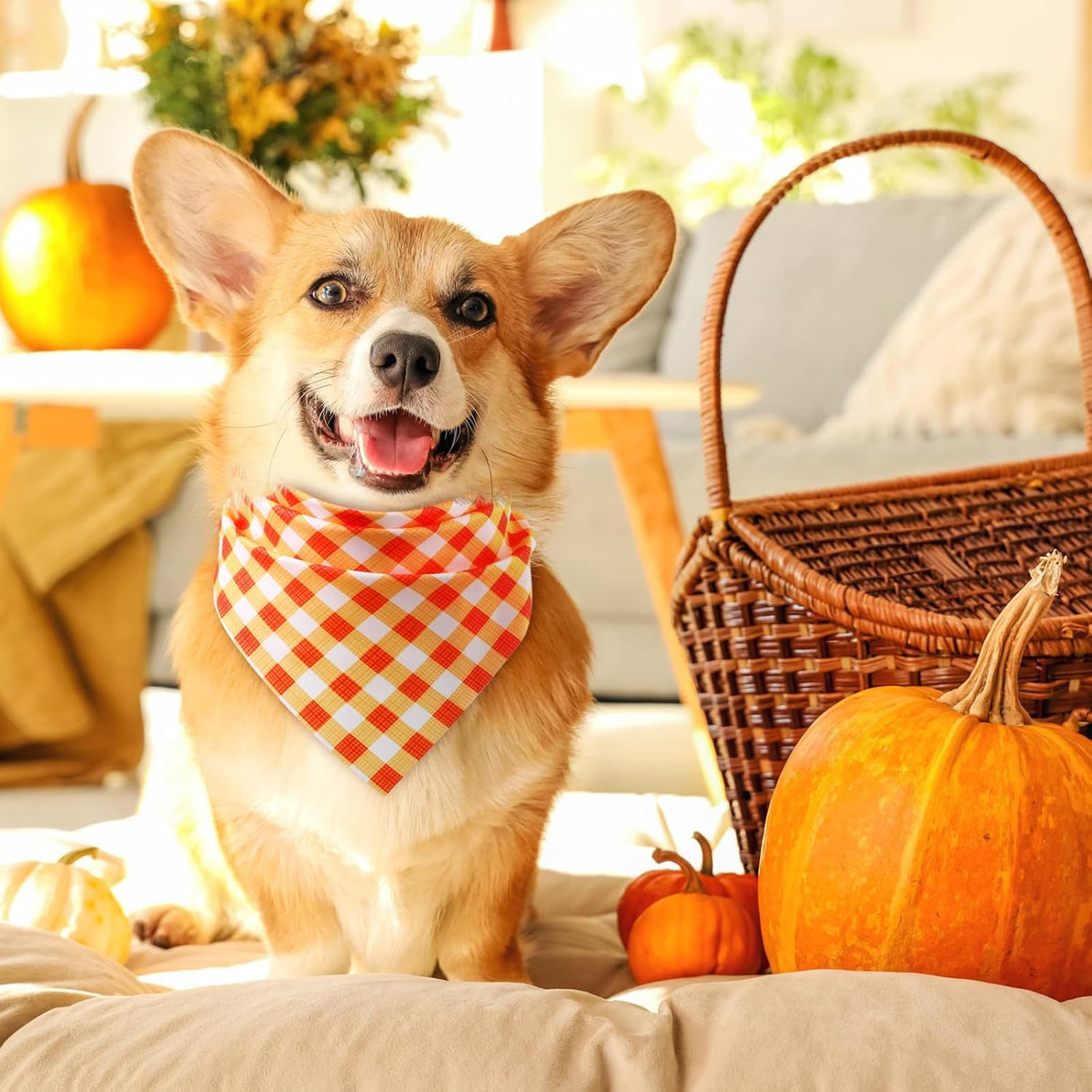 Abbylike 50 Pcs Fall Plaid Dog Bandanas Bulk Thanksgiving Bandanas for Dogs Triangle Kerchief Bib