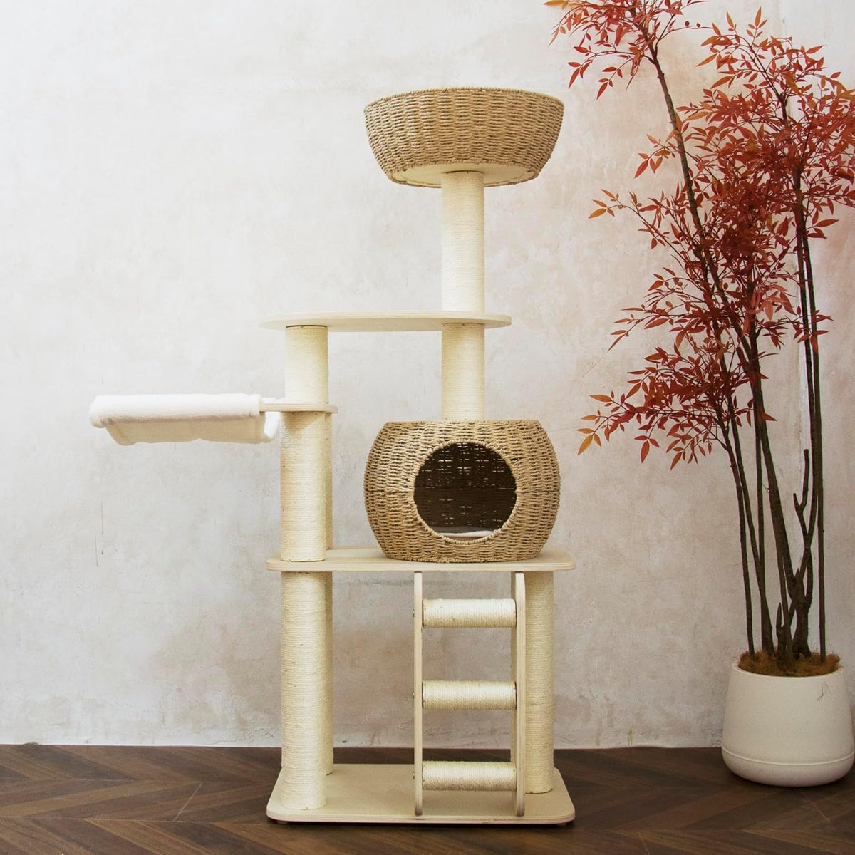 54 Inch Cat Tree for Indoor Cats, Tall Wooden Cat Tower with Scratching Posts, Rattan Condo and