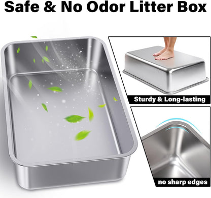 Stainless Steel Litter Box 2 Pack,Metal Litter Box for Cats Easy to Clean,Cat LitterBox for