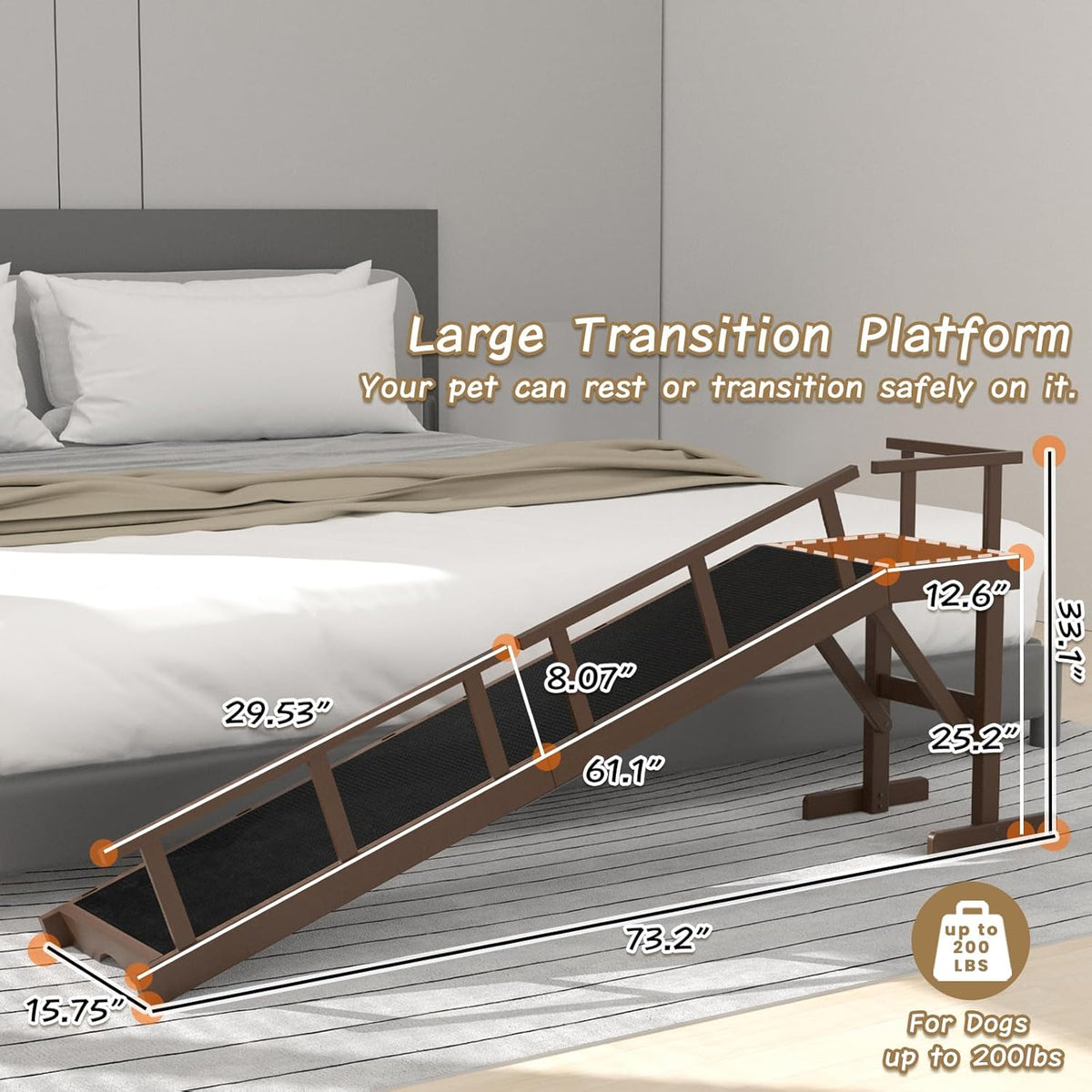 73" Dog Ramp for Bed, Pet Ramp with Removable Side Rail and Non-Slip Surface, Pet Ramp for Small &