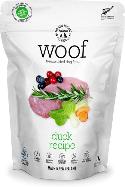 WOOF Duck Freeze Dried Raw Dog Food, Mixer, or Topper, or Treat - High Protein, Natural, Limited