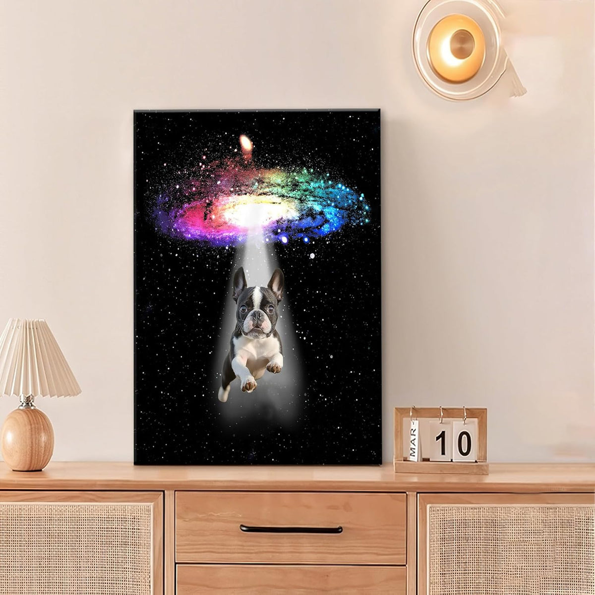 Funny Dog Wall Art Canvas Boston Terrier Wall Decor Prints Framed Painting Bulldog Galaxy Pictures