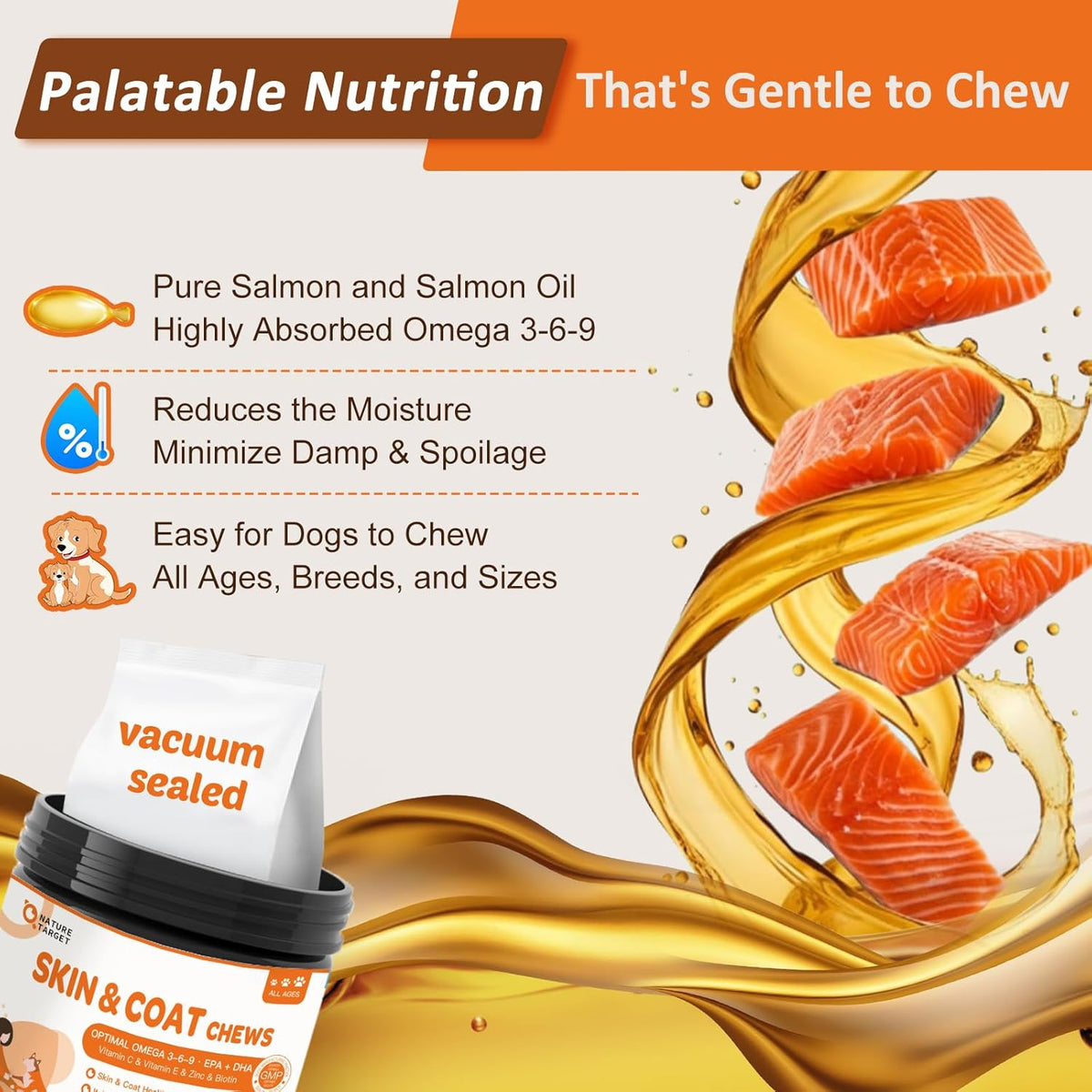 NATURE TARGET Omega 3 Fish Oil for Dogs, Salmon Oil Skin and Coat Supplement for Dogs Itchy Skin