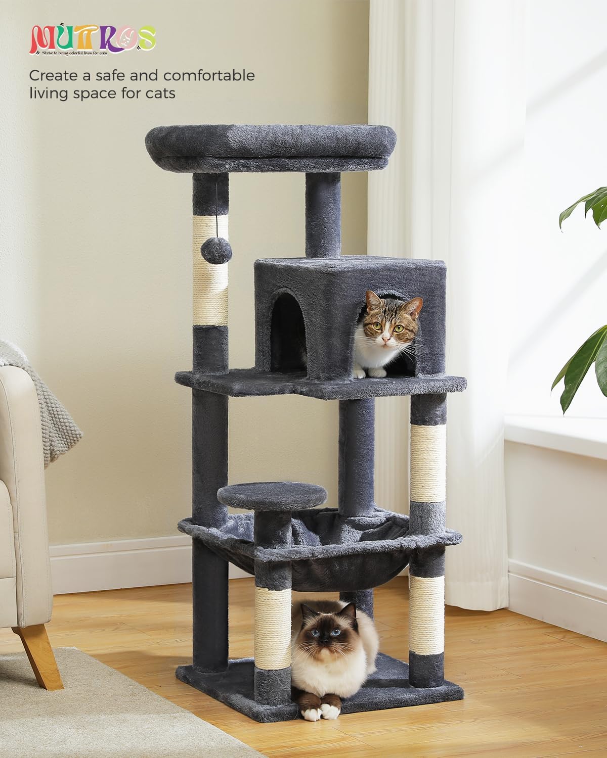 Cat Tree for Indoor Cats, 45.7" Multi-Level Cat Tower with Large Metal Frame Hammock, Cat Condo