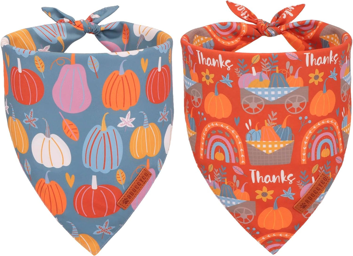 ADOGGYGO Thanksgiving Dog Bandana, Blue Orange Pumpkin Scarf, Adjustable Fit Fall Thanksgiving