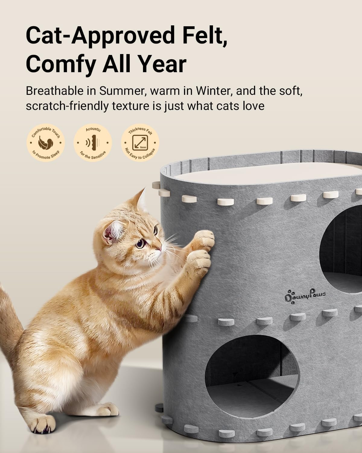 DownyPaws Cat House for Indoor Cats, 2-Storey Foldable Cat Bed Cave, Felt Cats Tunnel Bed Condo