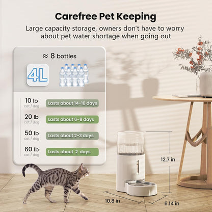 CZPET Automatic 4L/135Oz/1Gal Cat Water Dispenser with Stainless Steel Bowl, Gravity Waterer for