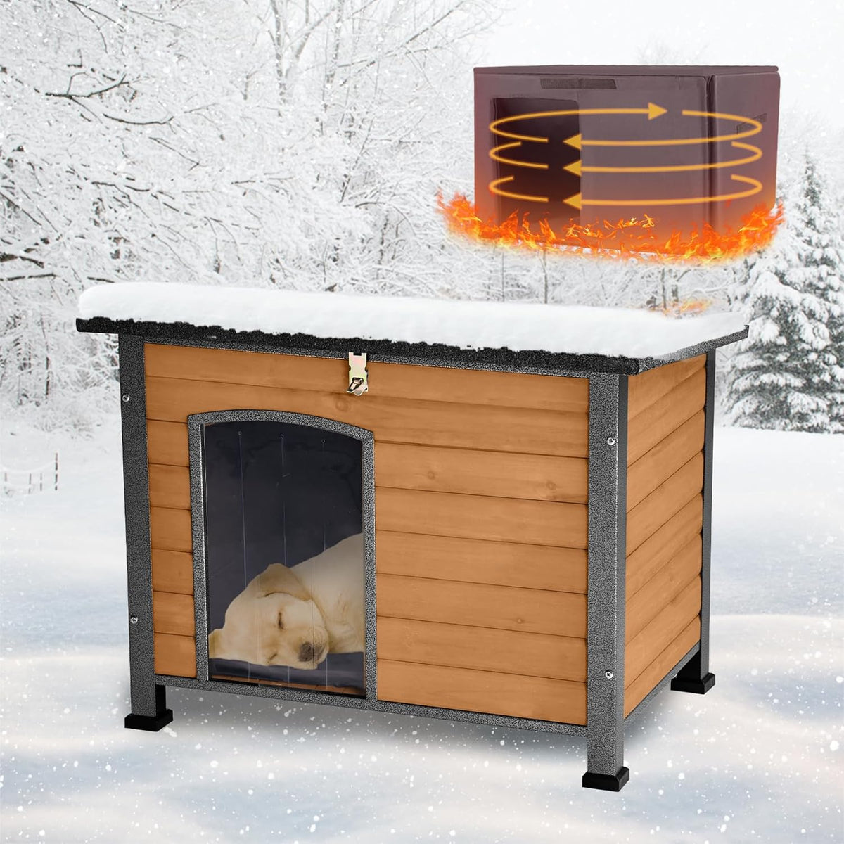 Feral Dog House Outdoor,Anti Bite Iron Frame Dog Kennel,Wood Warm Pets Home,Insulated Weatherproof
