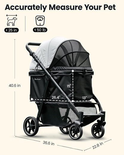 Medium Dog Stroller, Foldable Pet Stroller with Adjustable Handle & No Zip Entry, Storage Basket &