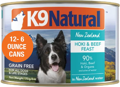 K9 Natural Wet Dog Food Pate, Hoki & Beef Feast, 6 Oz Cans (Pack of 12), Grain Free, Made in New
