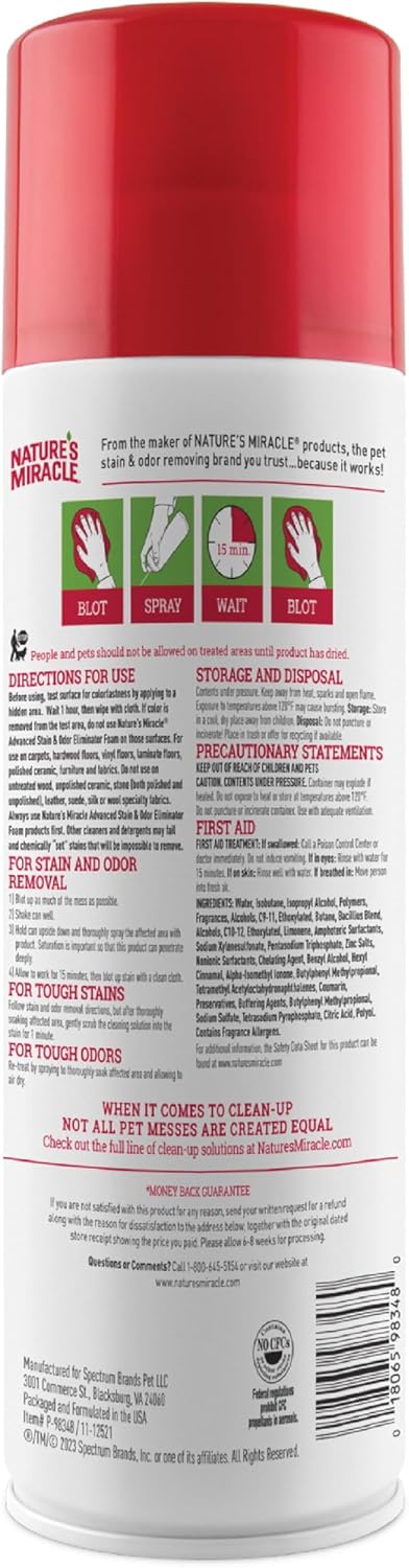 Nature's Miracle Advanced Dog Stain and Odor Eliminator Foam, Severe Mess Enzymatic Formula, 17.5