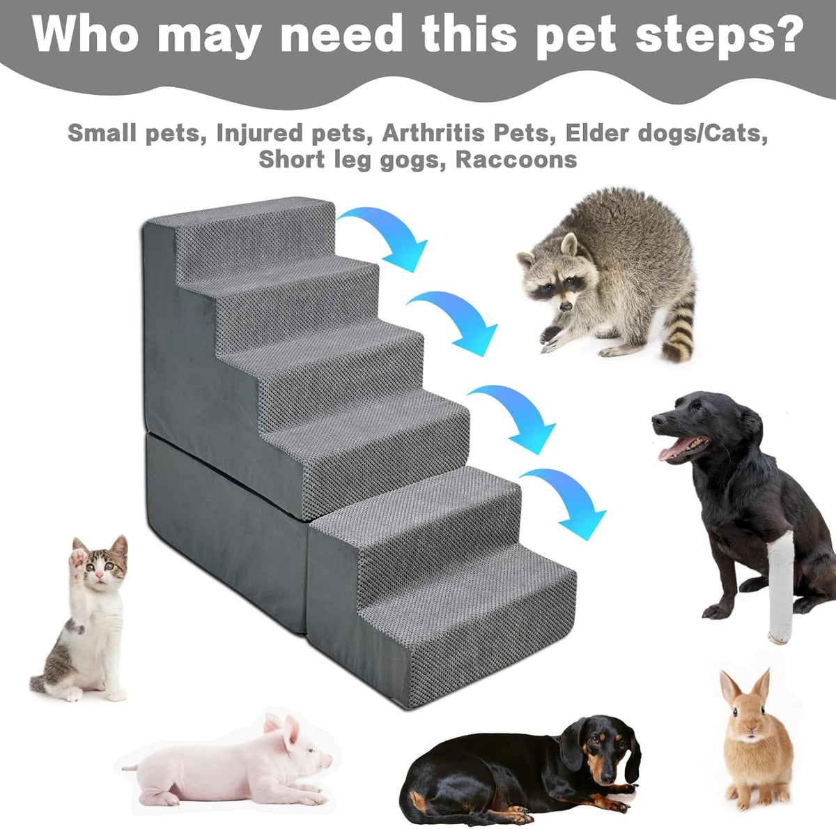 Dog Stair Steps for High Beds 30 inches Tall, 33D Foam Dog Ramp for Bed 30-32 inches, 6-Step Pet