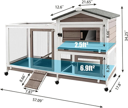 57" L Rabbit Hutch Indoor Outdoor 2 Story Large Bunny Hutch with Run Guinea Pig Cage Wooden Rabbit