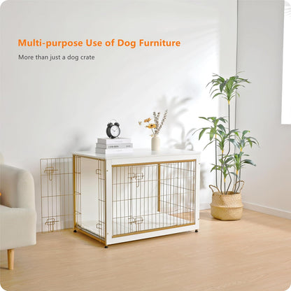 DWANTON Dog Crate Furniture with Cushion, Wooden Kennel Table with Double Doors, Indoor Dog House