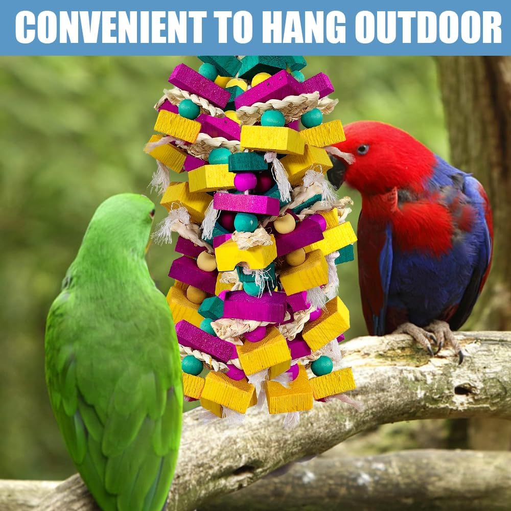 Large Bird Toys, Multi-Color Wooden Block with Bamboo Support Bird Chewing Toy Parrot Cage Bite Toy