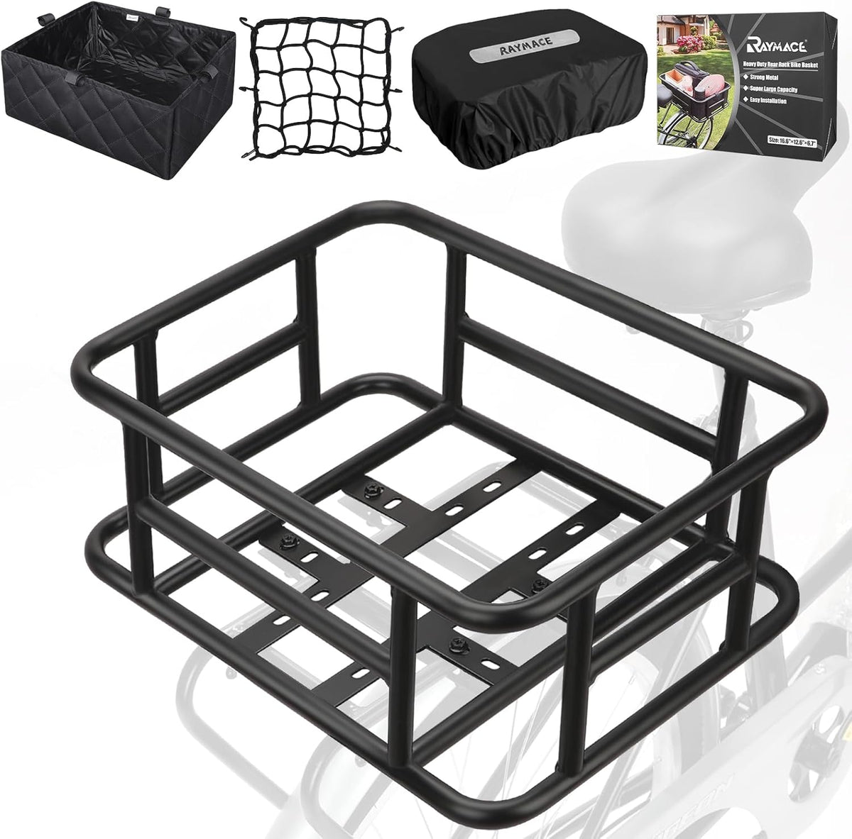 RAYMACE Rear Rack Bike Basket with Cargo Net and Liner Large Bicycle Basket Perfect Mount for