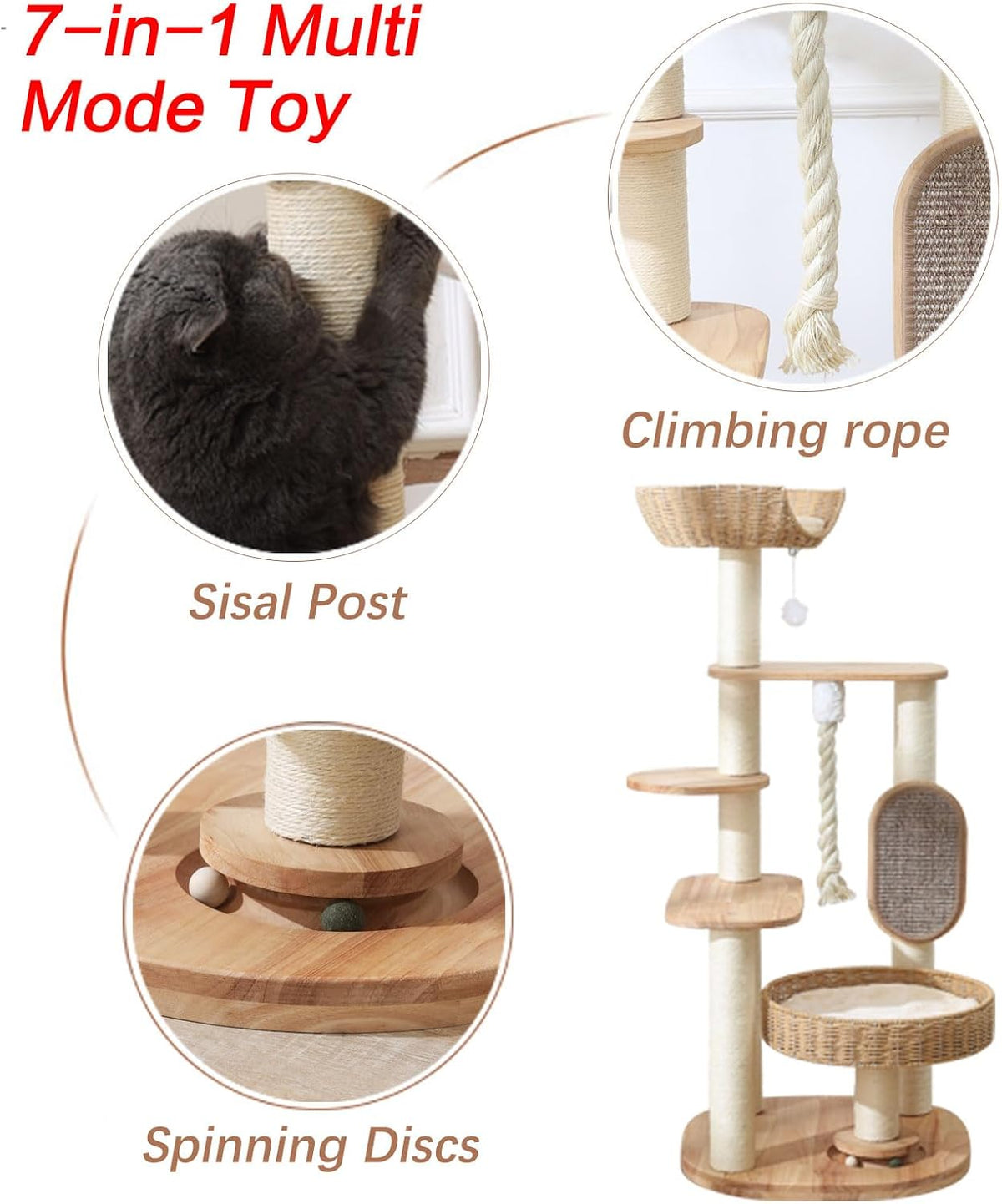Wooden Cat Tree for Large Cat, 49.6-Inch Tall Cat Tower with Scratching Post for Indoor Cats