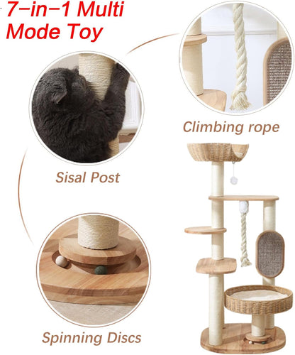 Wooden Cat Tree for Large Cat, 49.6-Inch Tall Cat Tower with Scratching Post for Indoor Cats