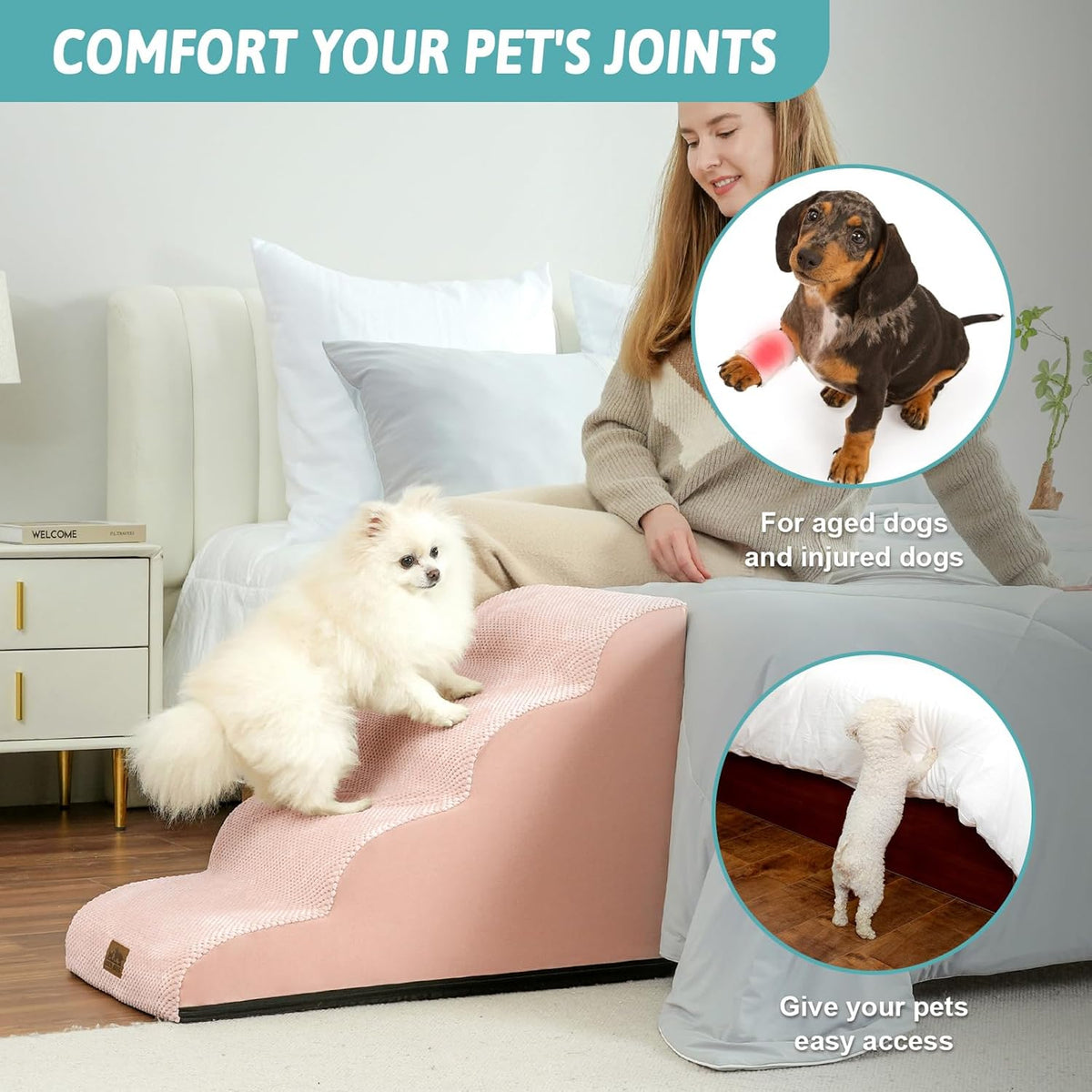 Dog Stairs for Small Dogs 19.7" H, Curved Dog Step for Puppy, Older or Cat, Medium Pet Ramp for