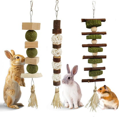 WDEFUN 3 PCS Bunny Chew Toys, Natural Hanging Rabbit Chew Toy Treats for Guinea Pigs Hamsters