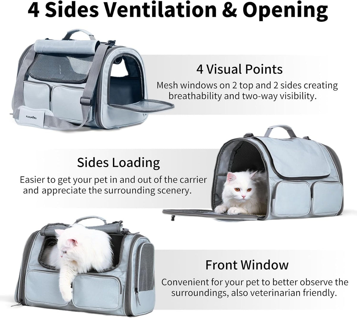 FUKUMARU Cat Carrier, Soft-Sided Small Dog Carrier, Large Cat Travel Bag with 4 Mesh Windows, Under