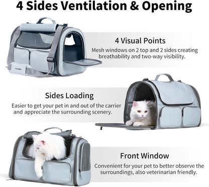 FUKUMARU Cat Carrier, Soft-Sided Small Dog Carrier, Large Cat Travel Bag with 4 Mesh Windows, Under