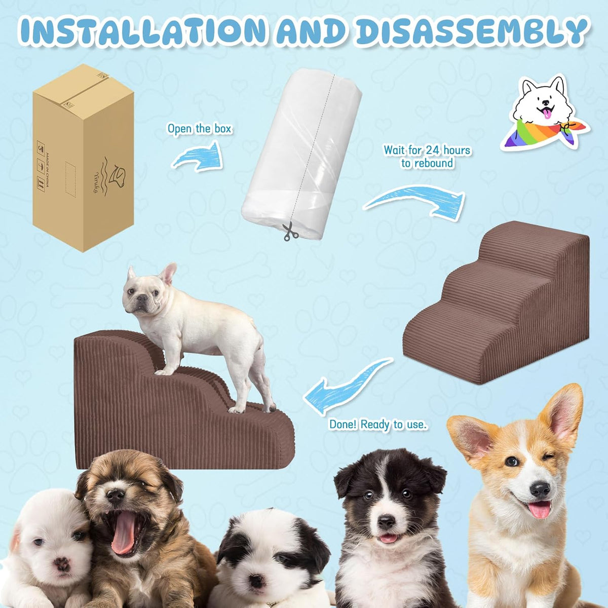 Dog Steps for Small Dogs, 4-Step Pet Ramp Stairs for High Beds and Sofa, Non-Slip Pet Stairs for