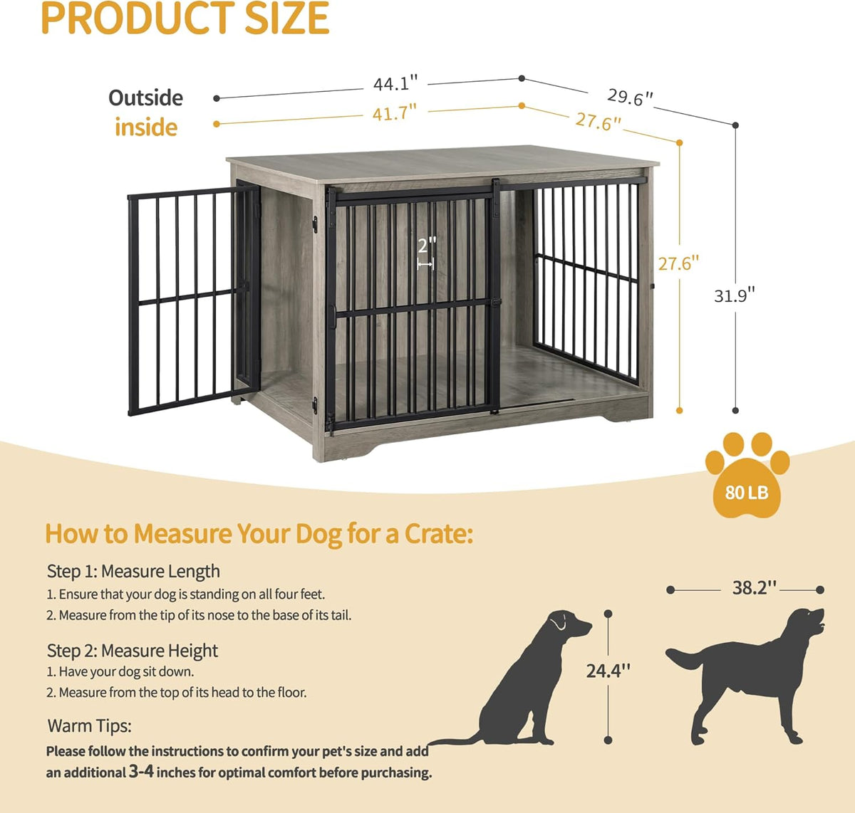 XL Large Dog Crate Furniture, 44.1" Indoor Dog Kennel Furniture with Barn Door, Wooden Tall Dog