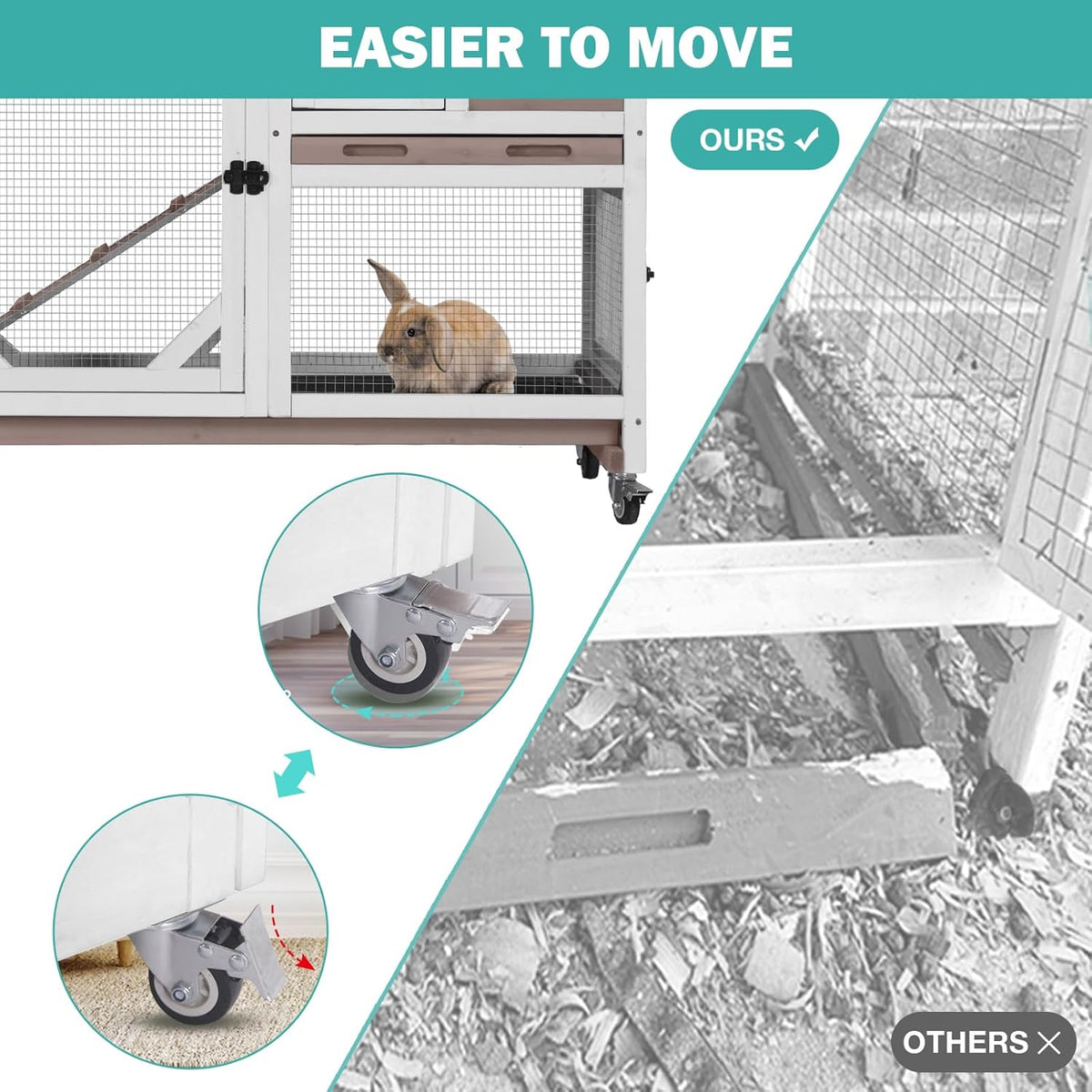 Rabbit Hutch Indoor for 2-4 Rabbits & Guinea Pigs，Bunny Cage with Slide-Out Plastic Trays，Wooden
