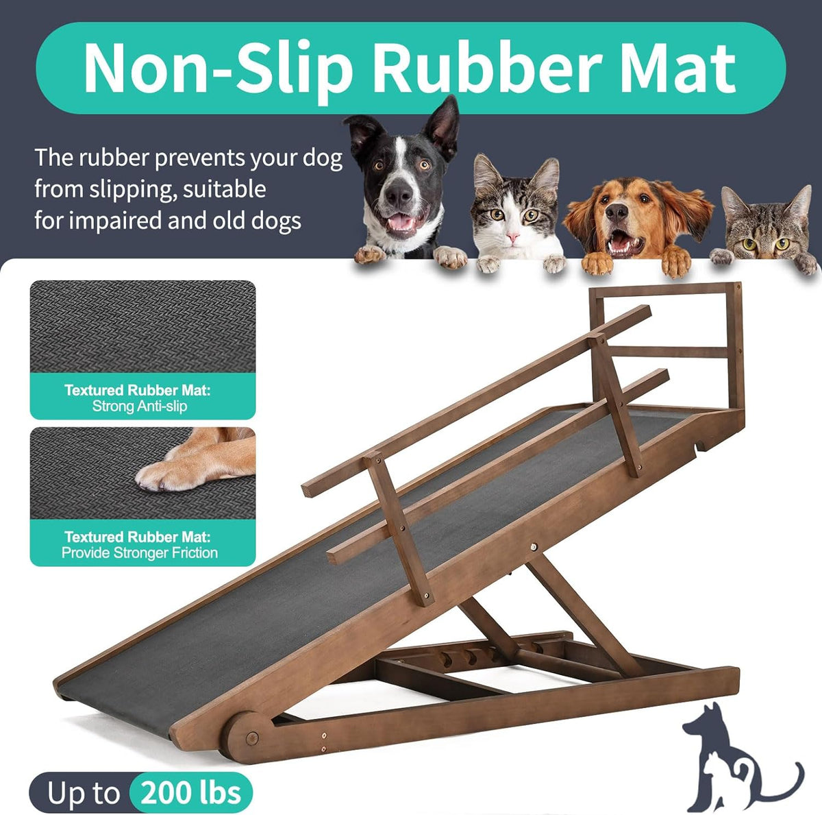 Dog Ramp, 5 Level Adjustable Wooden Folding Pet Ramp for Middle Bed, Couch,SUV-High Traction