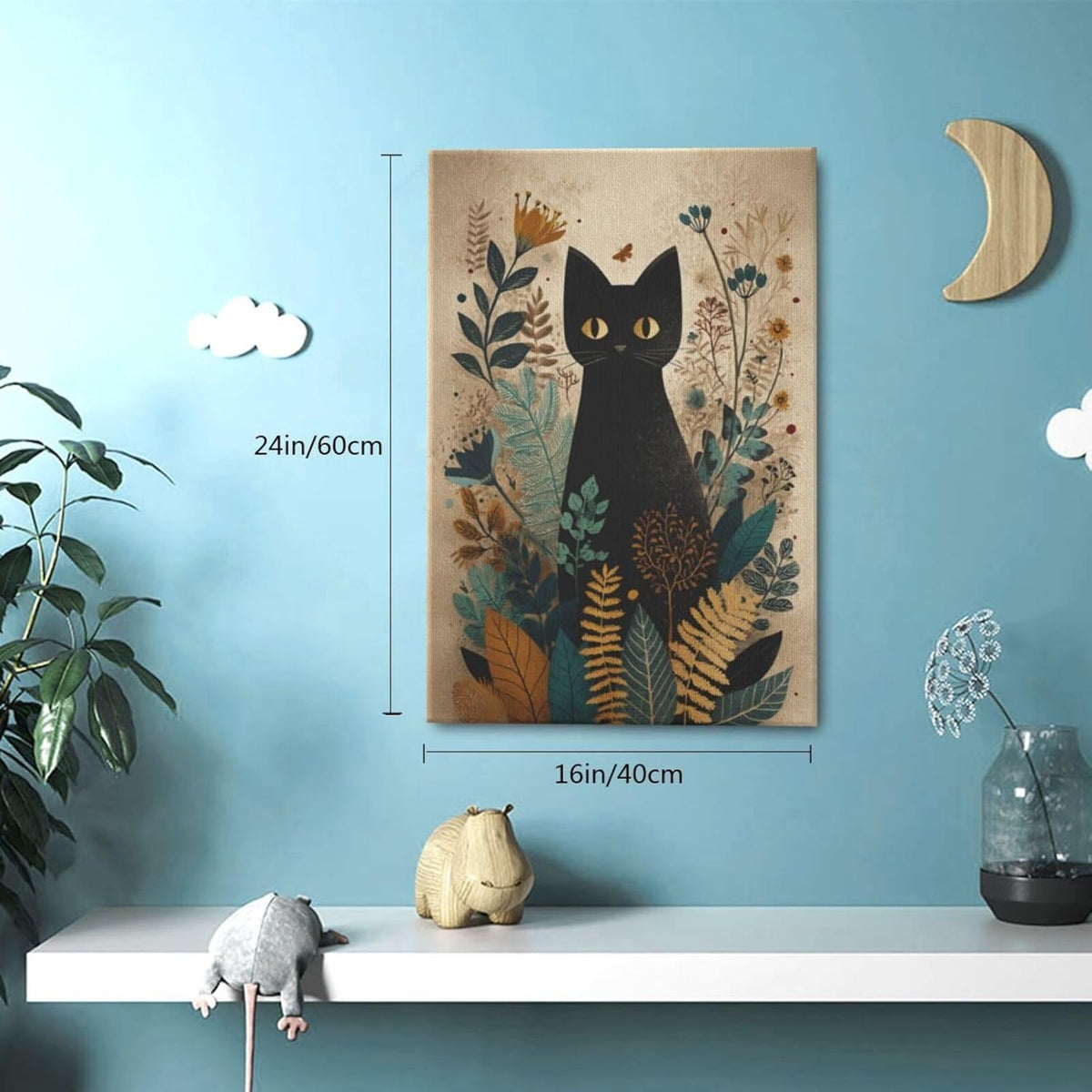 Boho Black Cat Wall Art Kitten Botanical Wall Decor Mid Century Modern Canvas Painting Print