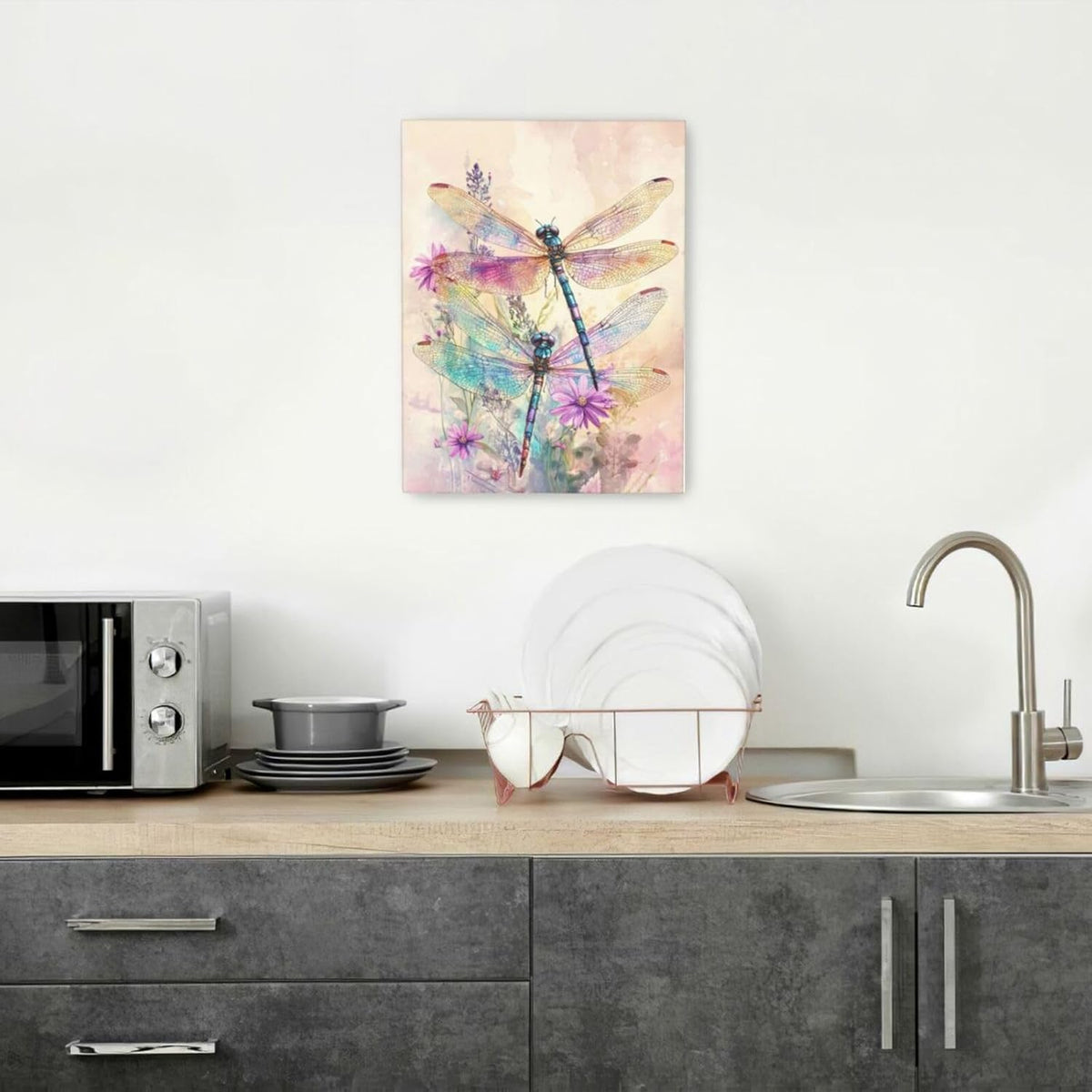 Dragonfly Bathroom Pictures Wall Art, Floral Bathroom Wall Decor, Framed Painting Canvas Artwork