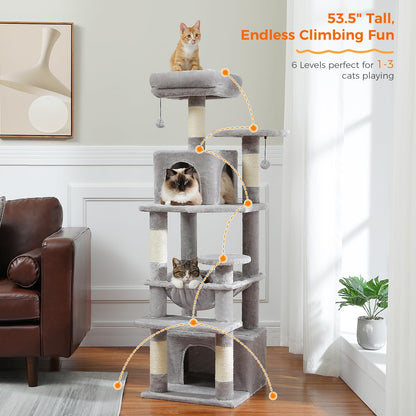 PAWZ Road Cat Tree, 53.5 Inches Tall Cat Tower with Spacious Hammocks, Condos and Scratching Posts