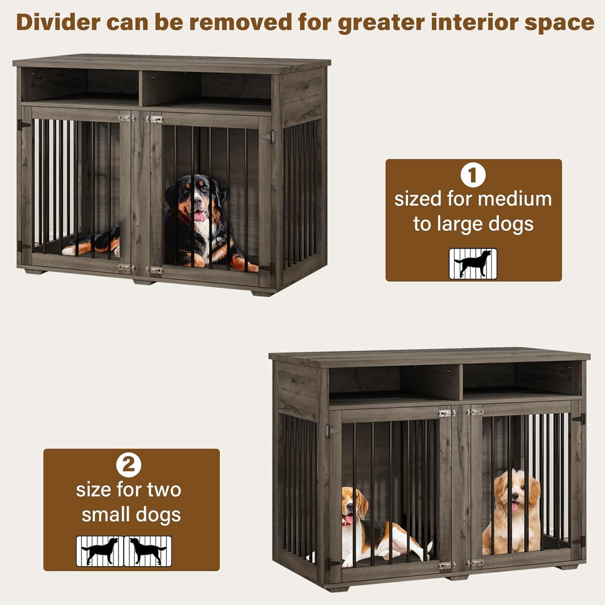 Furniture Dog Crate for 2 Dogs, 41 Inch Dog Kennel Furniture with Removable Divider and Shelf